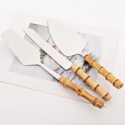 1/2pcs cake knife shovel service cutlery set bamboo handle dinnerware set mirror stainless steel flatware kitchen tableware